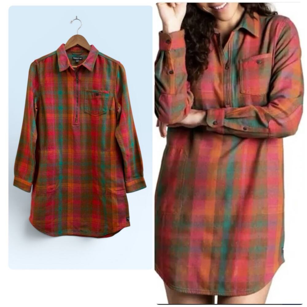 Toad&Co Bodie Plaid Quarter Zip Pocket Flannel Shirt Dress Small Cabincore Camp